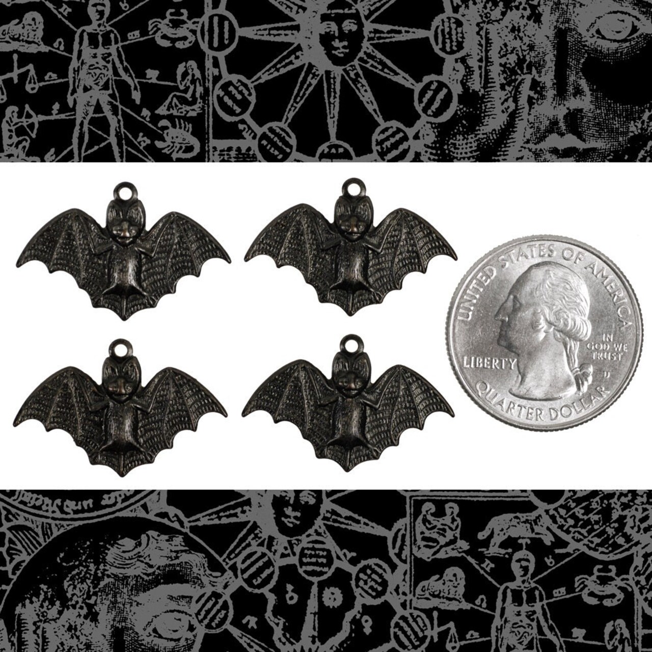 Black Plated Brass Raw Wide Bat Charms - Set of Four - BB-C152